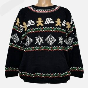Festive Black Sweater with Gingerbread and Snowflake Design